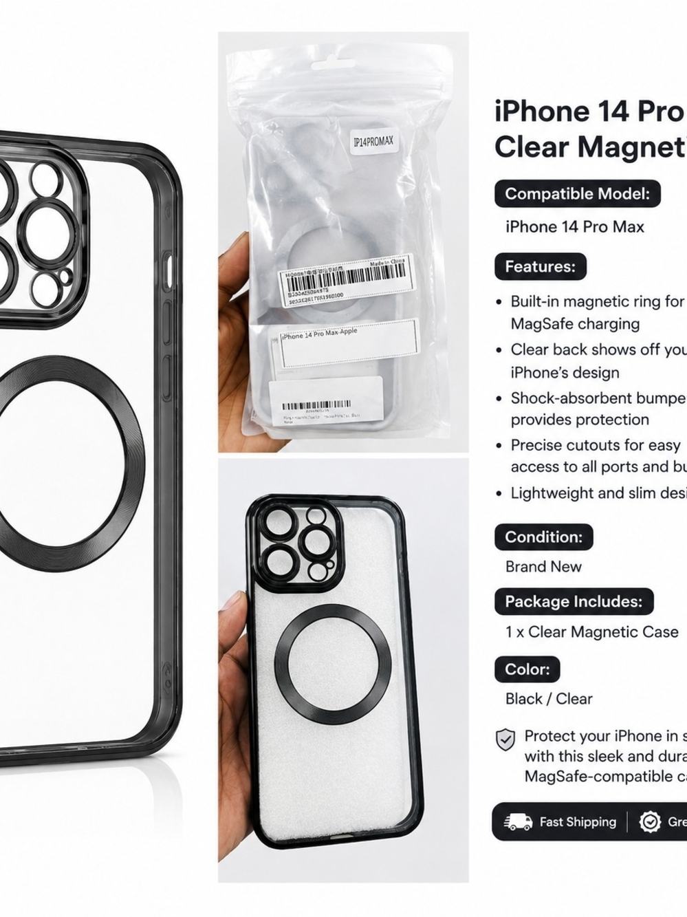iPhone 14 Pro Max Clear Magnetic Case with Black Bumper
